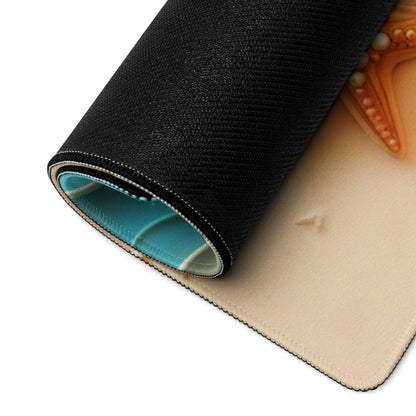Black and teal gaming mousepad with orange octopus, waves, starfish, shells