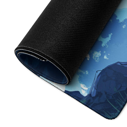 Blue anime landscape waterfall gaming mouse pad with textured black stitched edge
