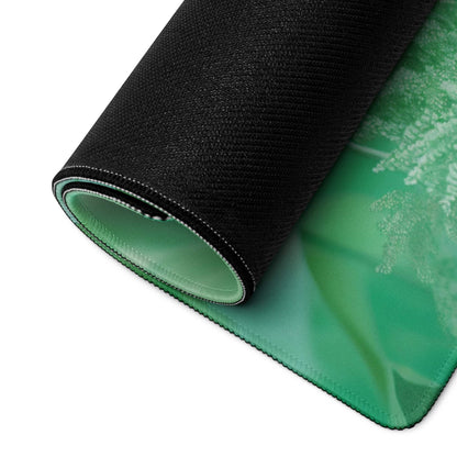 Rolled-up back of Floral Green large gaming mouse pad with non-slip base