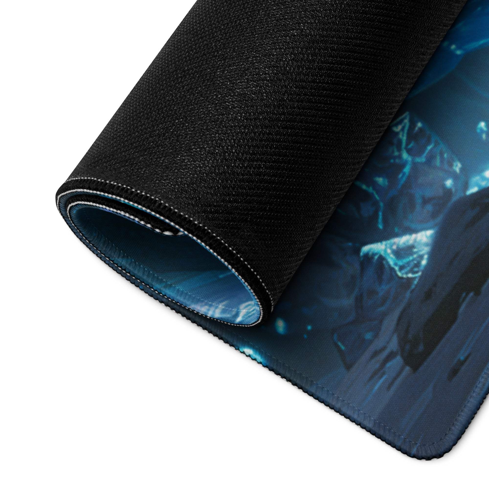 Epic Ice Dragon fantasy gaming mouse pad with black texture and blue design