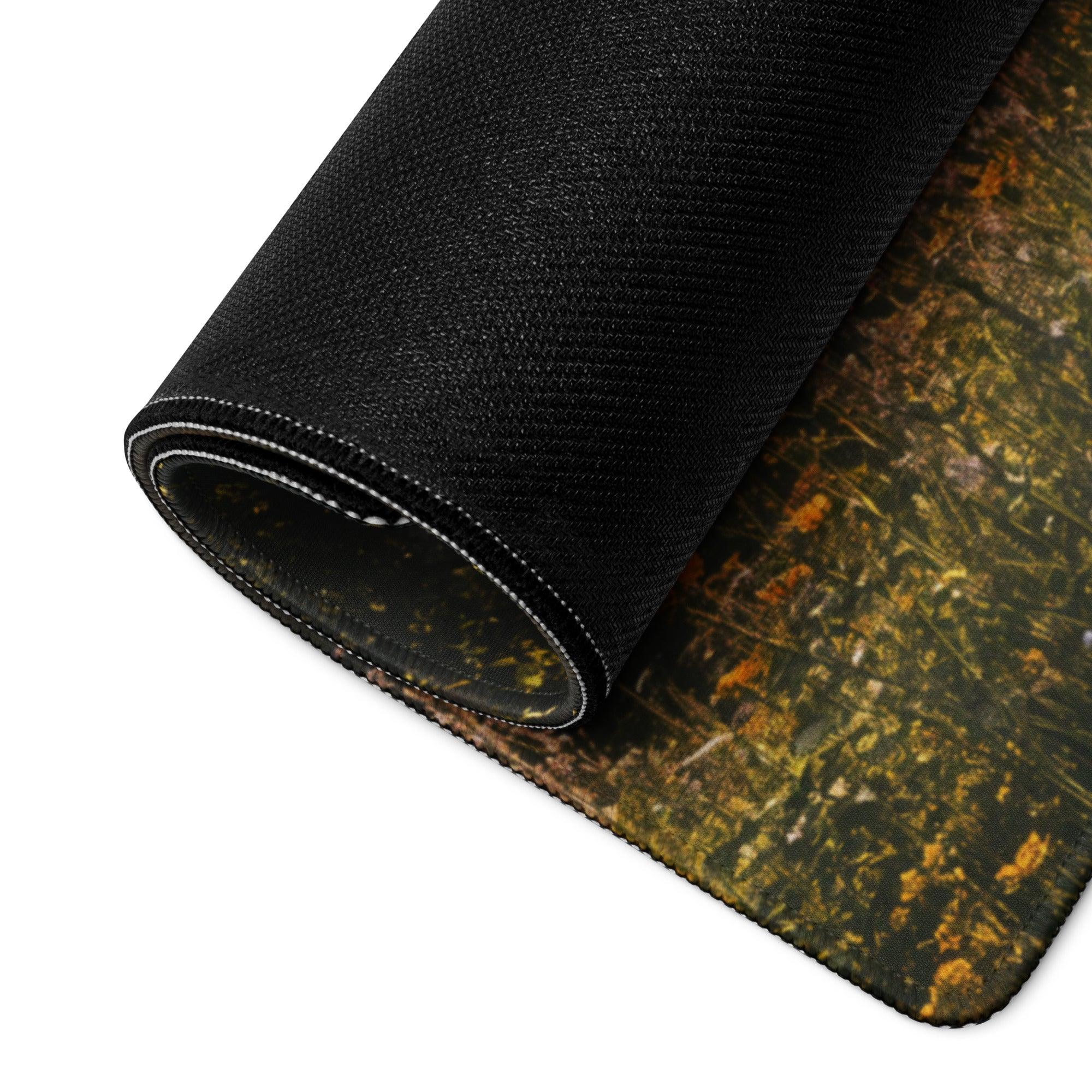 Black camo textured mousepad with green brown orange hues