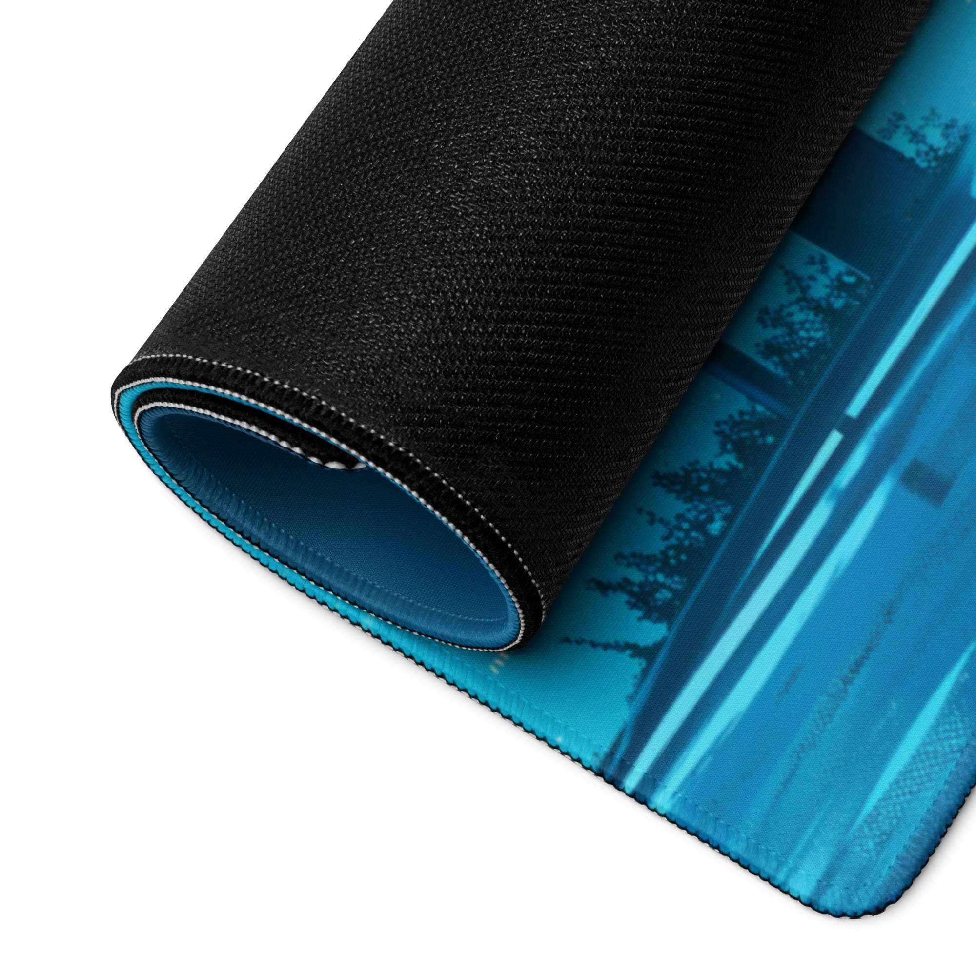 Cyberpunk Night Drive Neon Blue large gaming mouse pad with black textured back