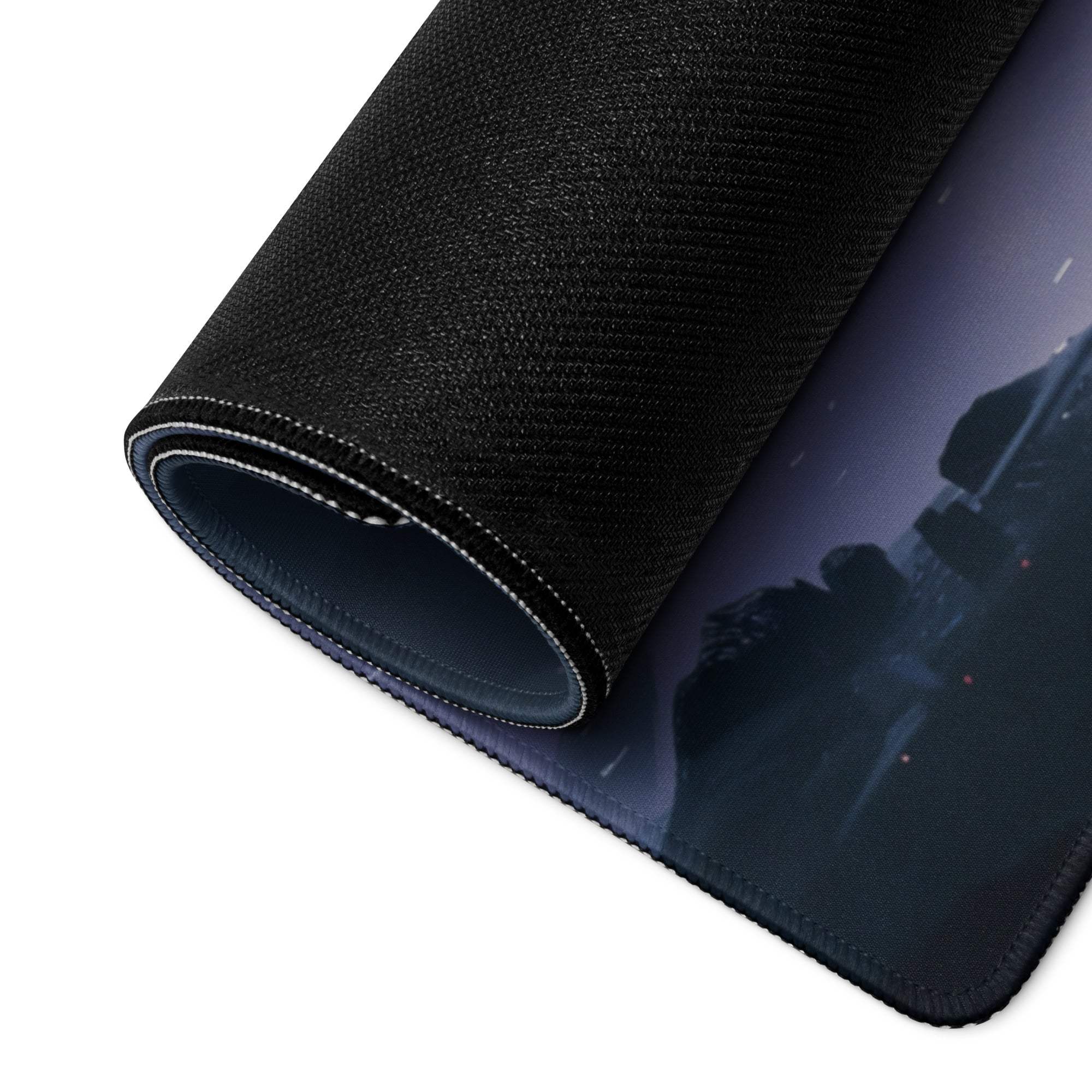 Black textured cityscape gaming mousepad with non-slip base and edge stitching