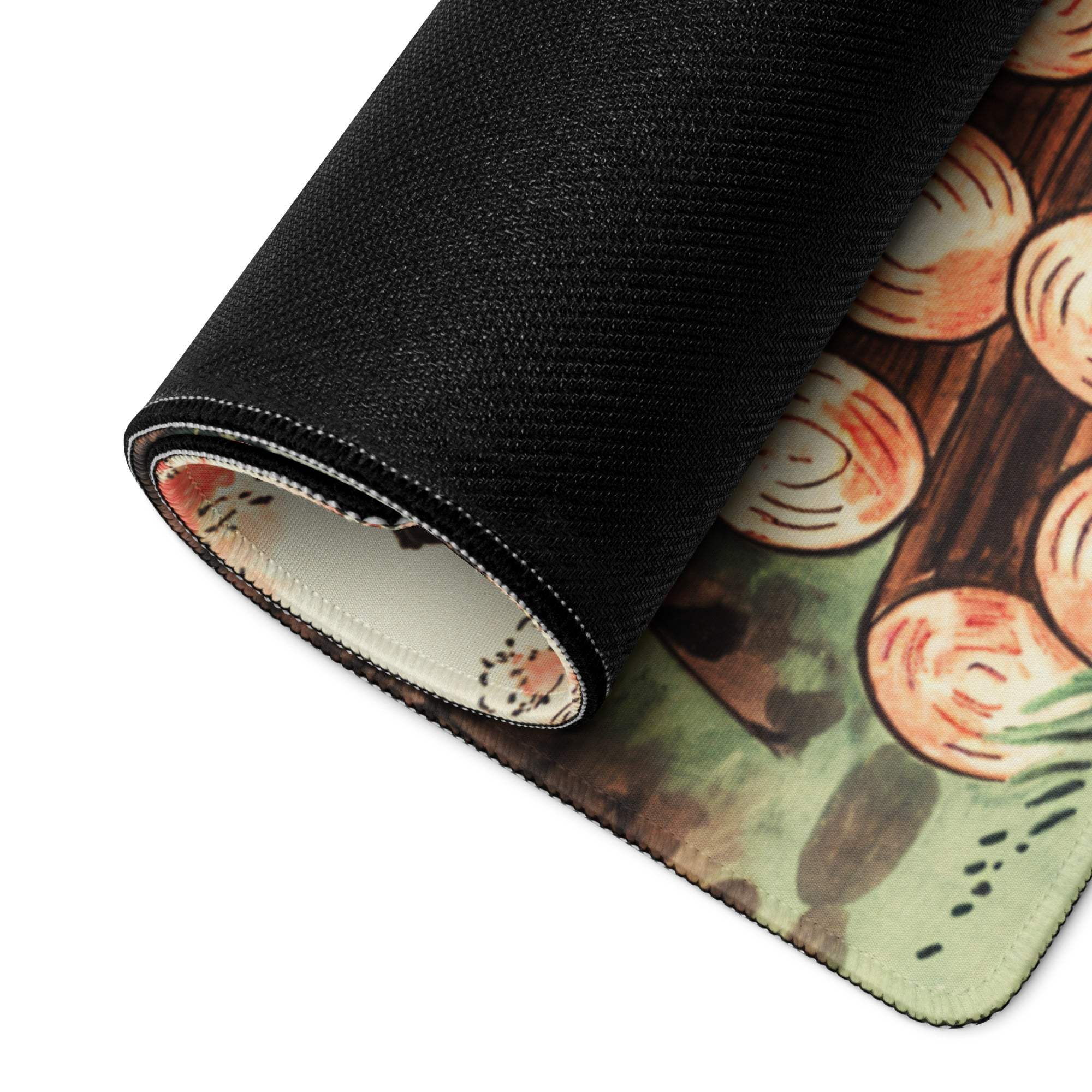Rolled Ukiyo E landscape mouse pad with log stack in sunset pastels
