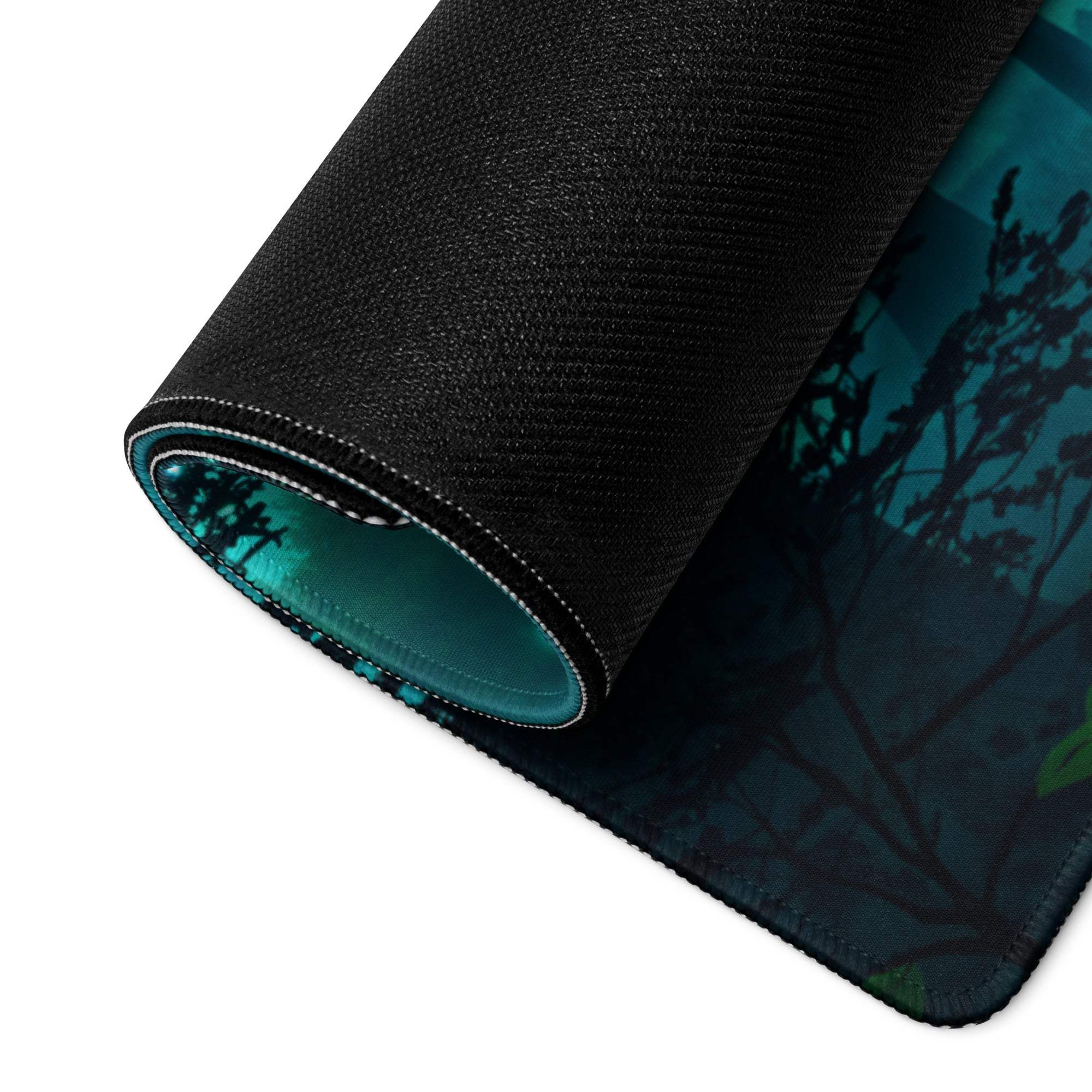 Black textured fantasy forest glow gaming mouse pad with teal green scene