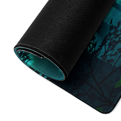 Black textured fantasy forest glow gaming mouse pad with teal green scene