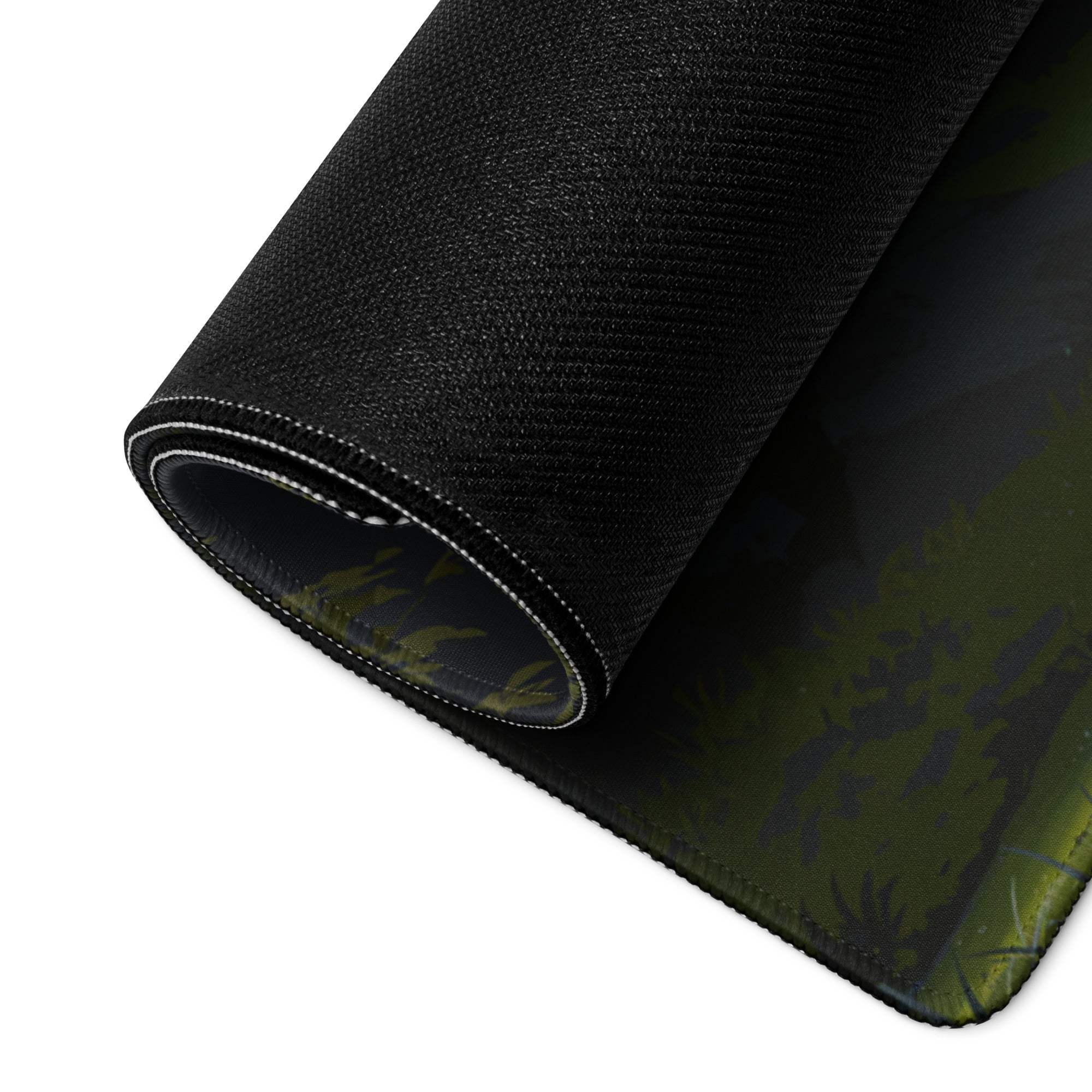 Black textured gaming mousepad with olive green camo, rolled edge, non-slip base