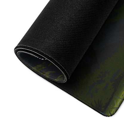 Black textured gaming mousepad with olive green camo, rolled edge, non-slip base