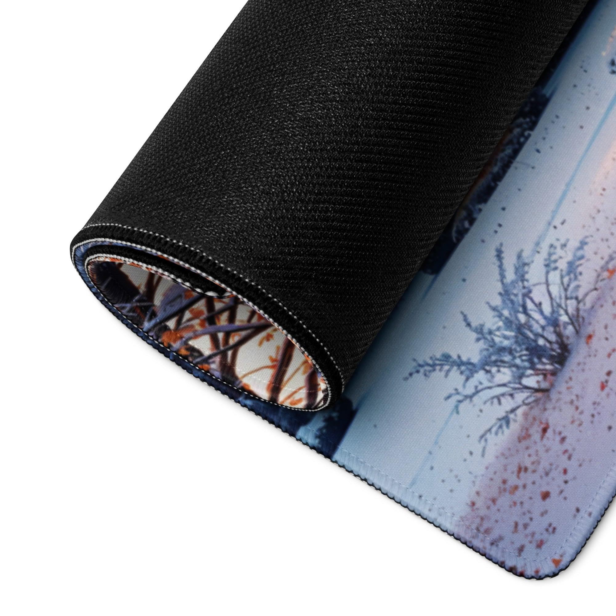 Dreamy Winter Park snow scene mousepad with rolled edge stitching