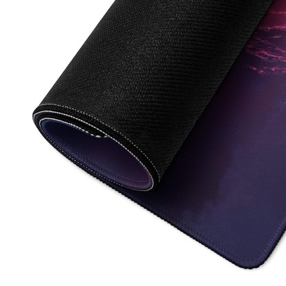 Black textured mousepad with rolled edge, purple gradient, non-slip backing