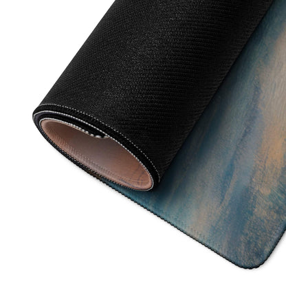 Large pastel sunset gaming mouse pad with black textured rolled edge, blue beige gradient, non-slip backing