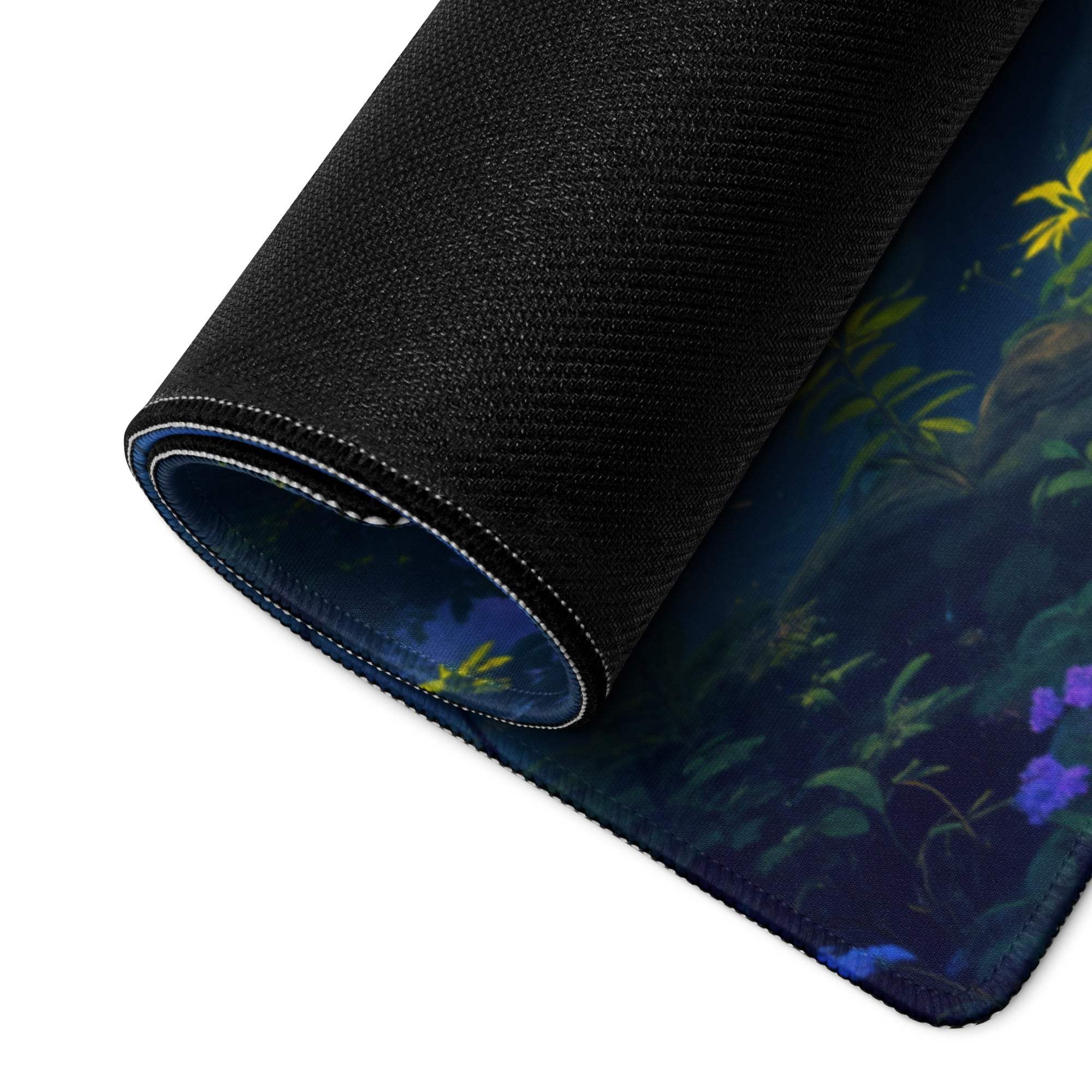Epic Forest Dawn large gaming mousepad with glowing yellow purple flowers