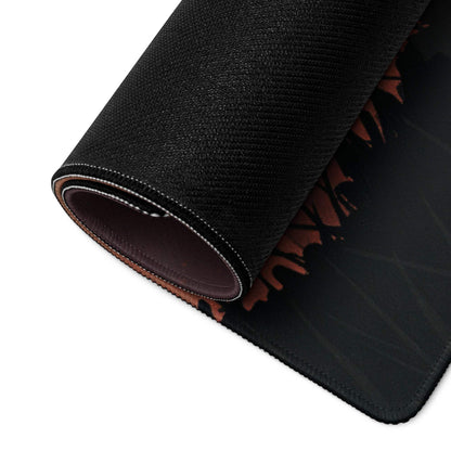 Black gaming mousepad with textured surface and epic sunset forest silhouette edge