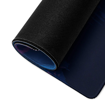 Back of Vibrant Night Sky Rocket Launch gaming mouse pad with black textured top and navy underside
