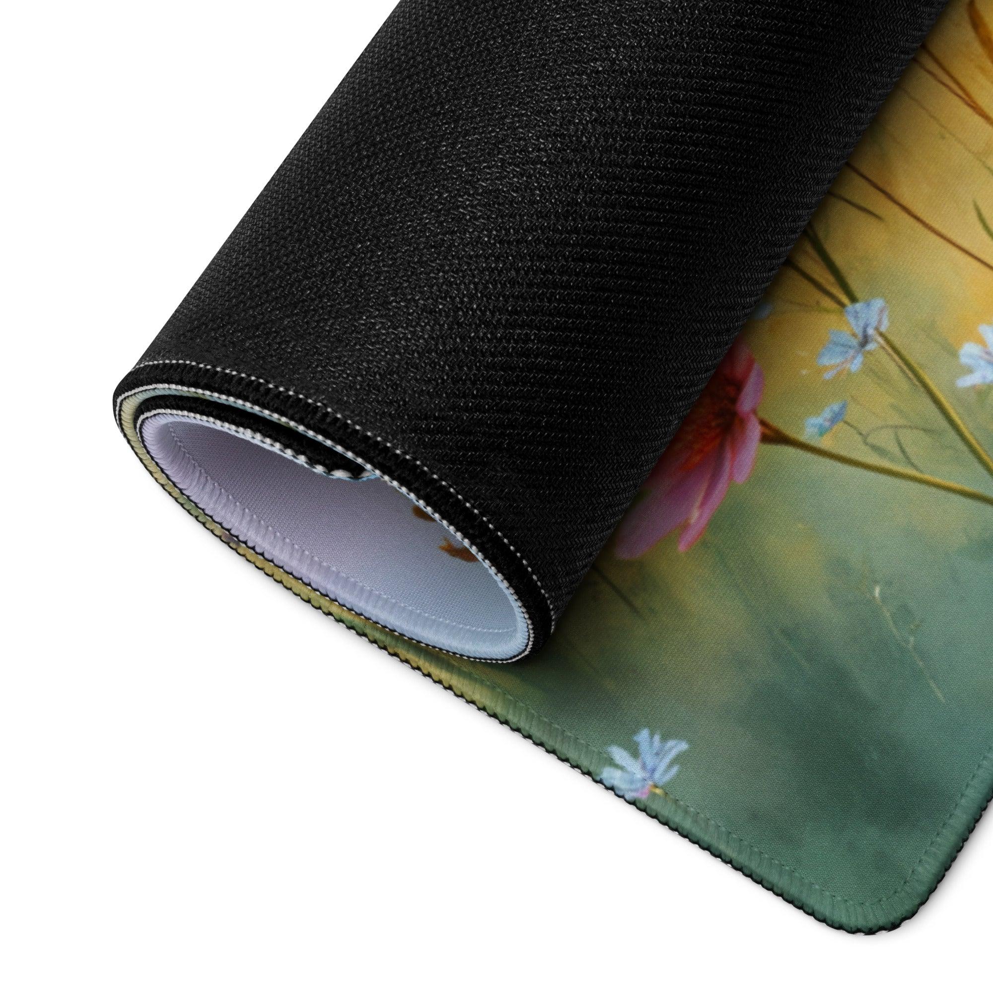 Pastel Meadow large gaming mousepad with pink blue floral design