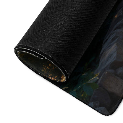 Black textured mousepad with rolled edge and cinematic sunset village scene
