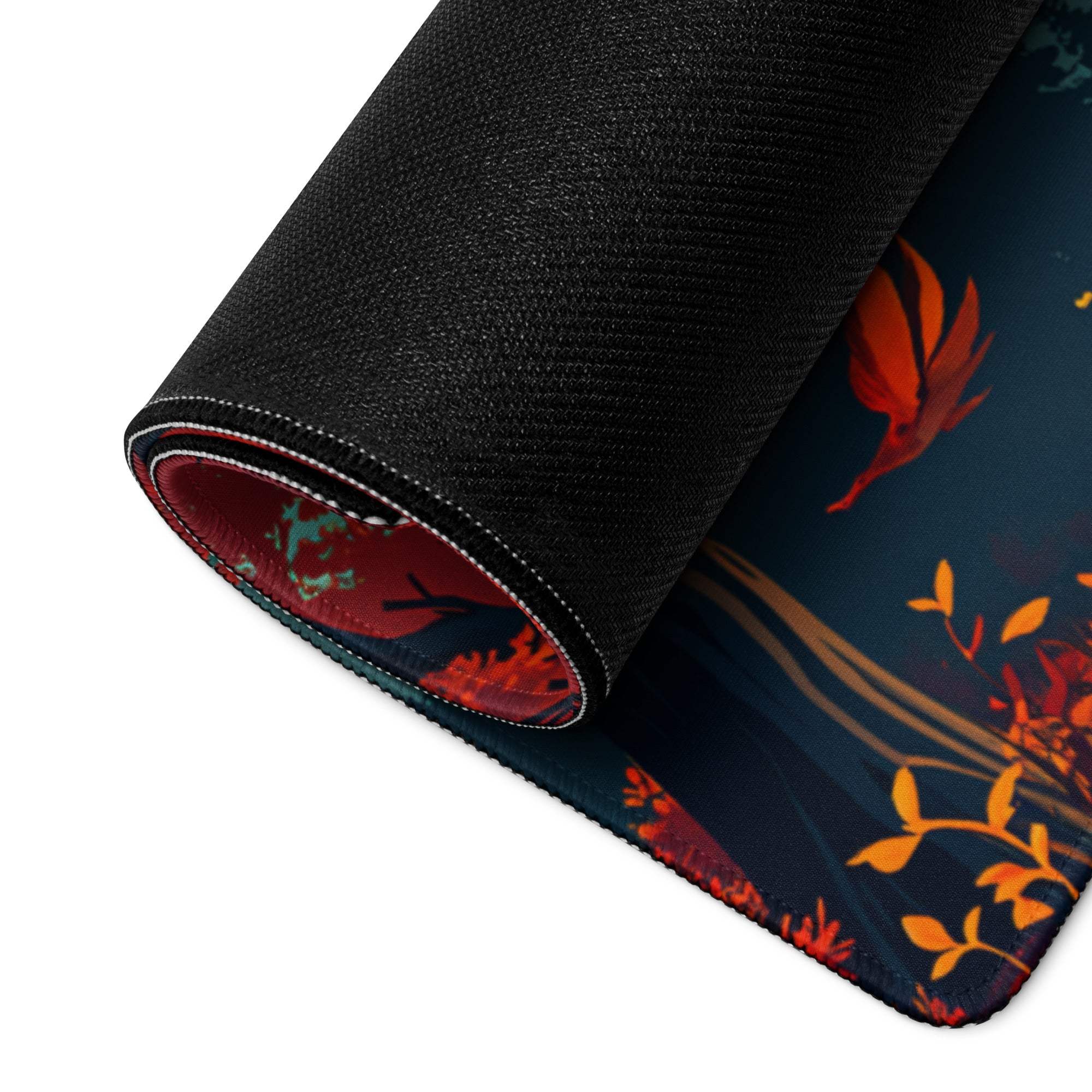 Autumn forest gaming mouse pad with orange red birds, rolled edge, non-slip backing