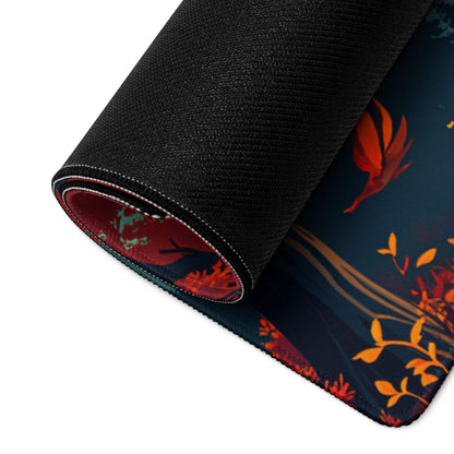 Autumn forest gaming mouse pad with orange red birds, rolled edge, non-slip backing