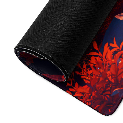 Rolled black Vibrant Sunset Forest gaming mousepad with red orange leaf design