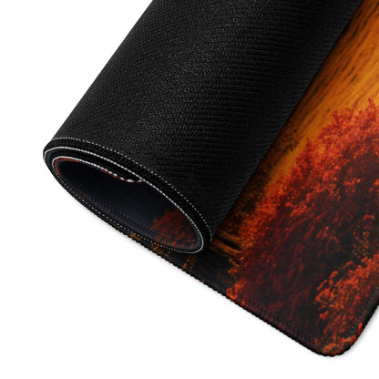 Large Autumn Landscape gaming mouse pad with orange red forest, black textured rolled edge, non-slip backing