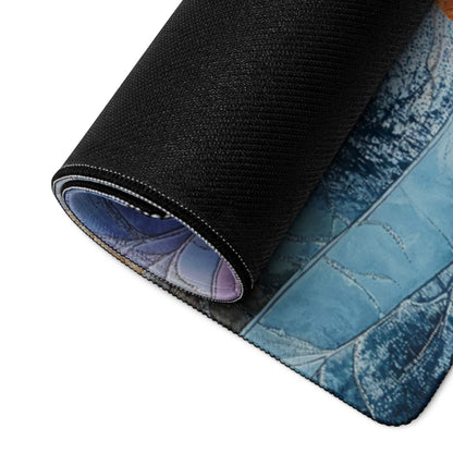 Back of blue purple leaf-patterned gaming mousepad with black textured underside