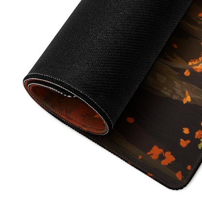 Black gaming mousepad with orange autumn leaf edge design