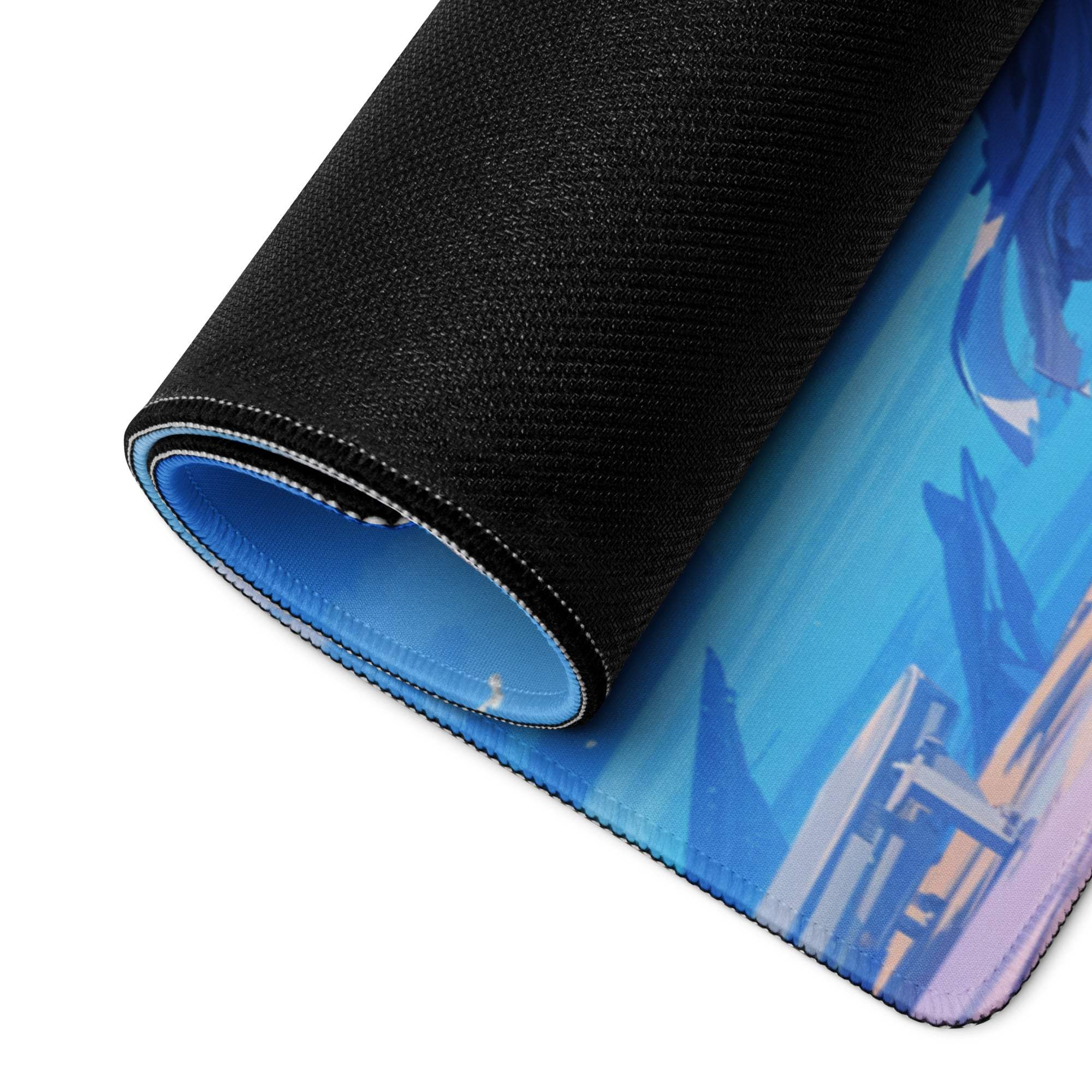 Blue black fantasy dragon ship anime gaming mousepad stitched edges