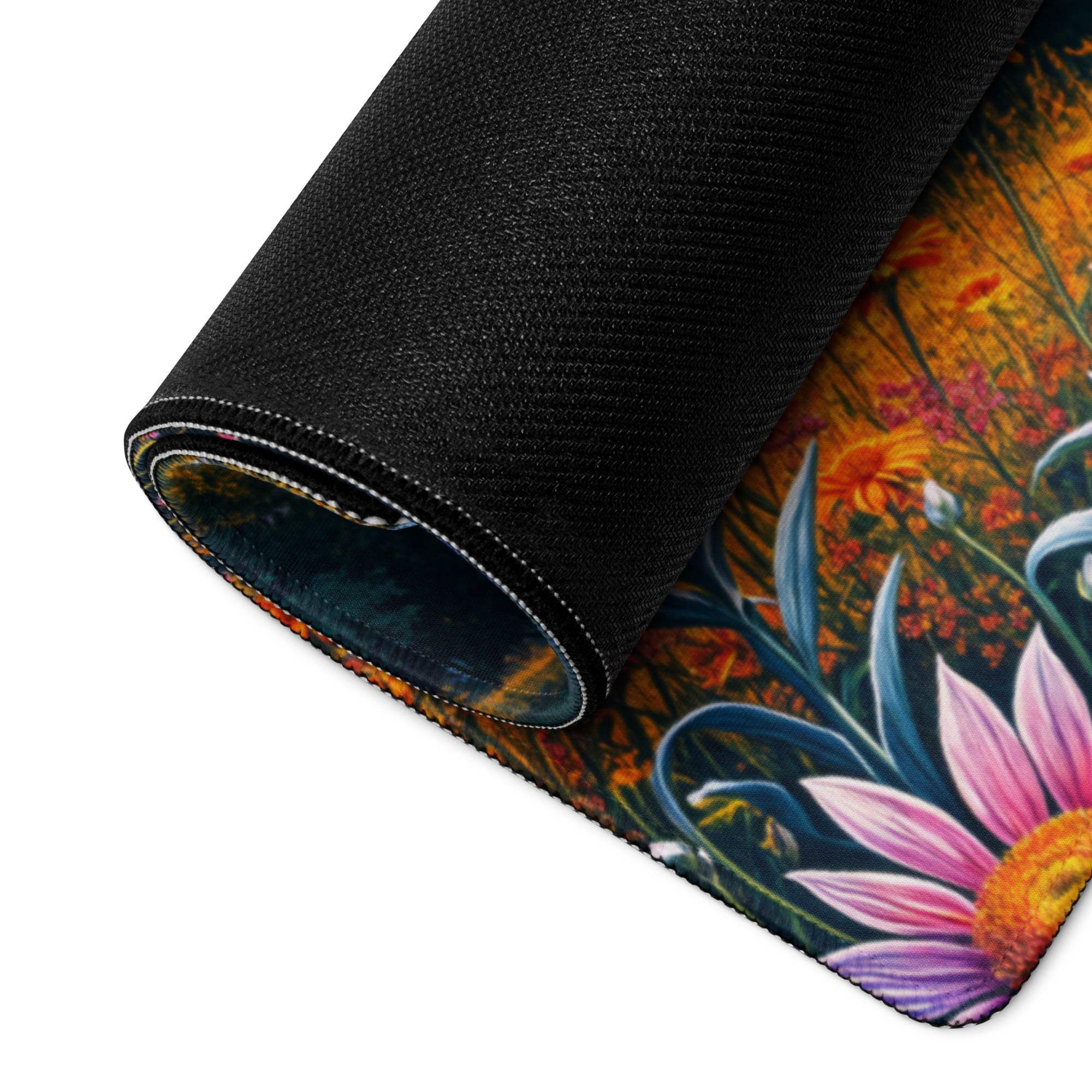Rolled-up Vibrant Sunset floral gaming mouse pad with non-slip base