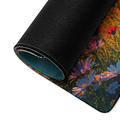 Rolled-up Vibrant Sunrise floral gaming mouse pad with non-slip backing