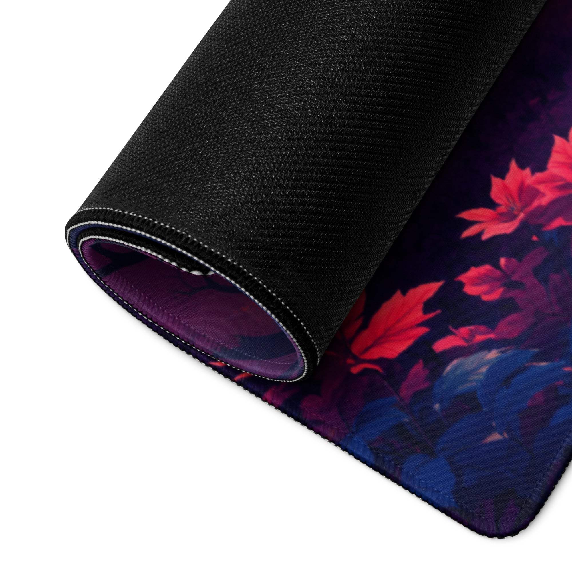 Large non-slip gaming mouse pad with vibrant sunset forest leaf design