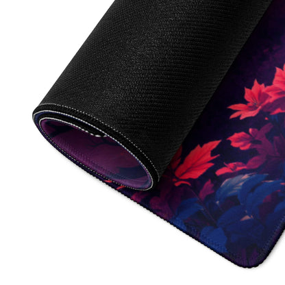Large non-slip gaming mouse pad with vibrant sunset forest leaf design