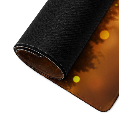 Large vibrant gaming mousepad with warm ember orange sunset glow, black textured rolled edge, non-slip base