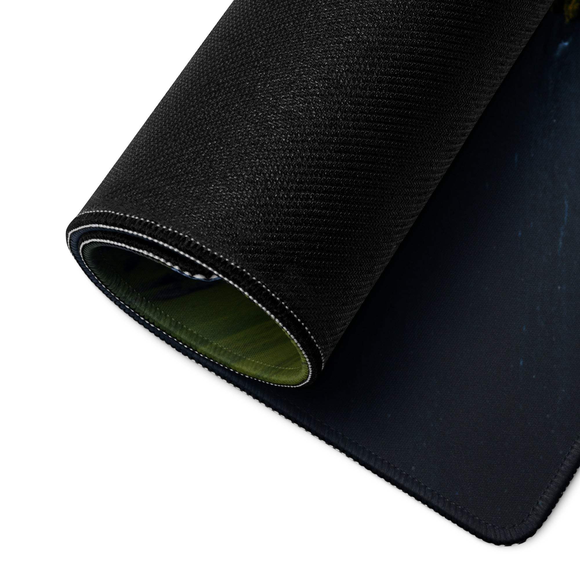Black textured mousepad back with rolled edge and olive green lining