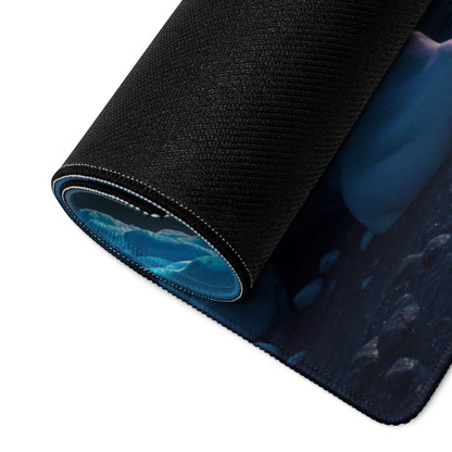 Black textured Aurora Ice gaming mousepad rolled edge with ocean scene