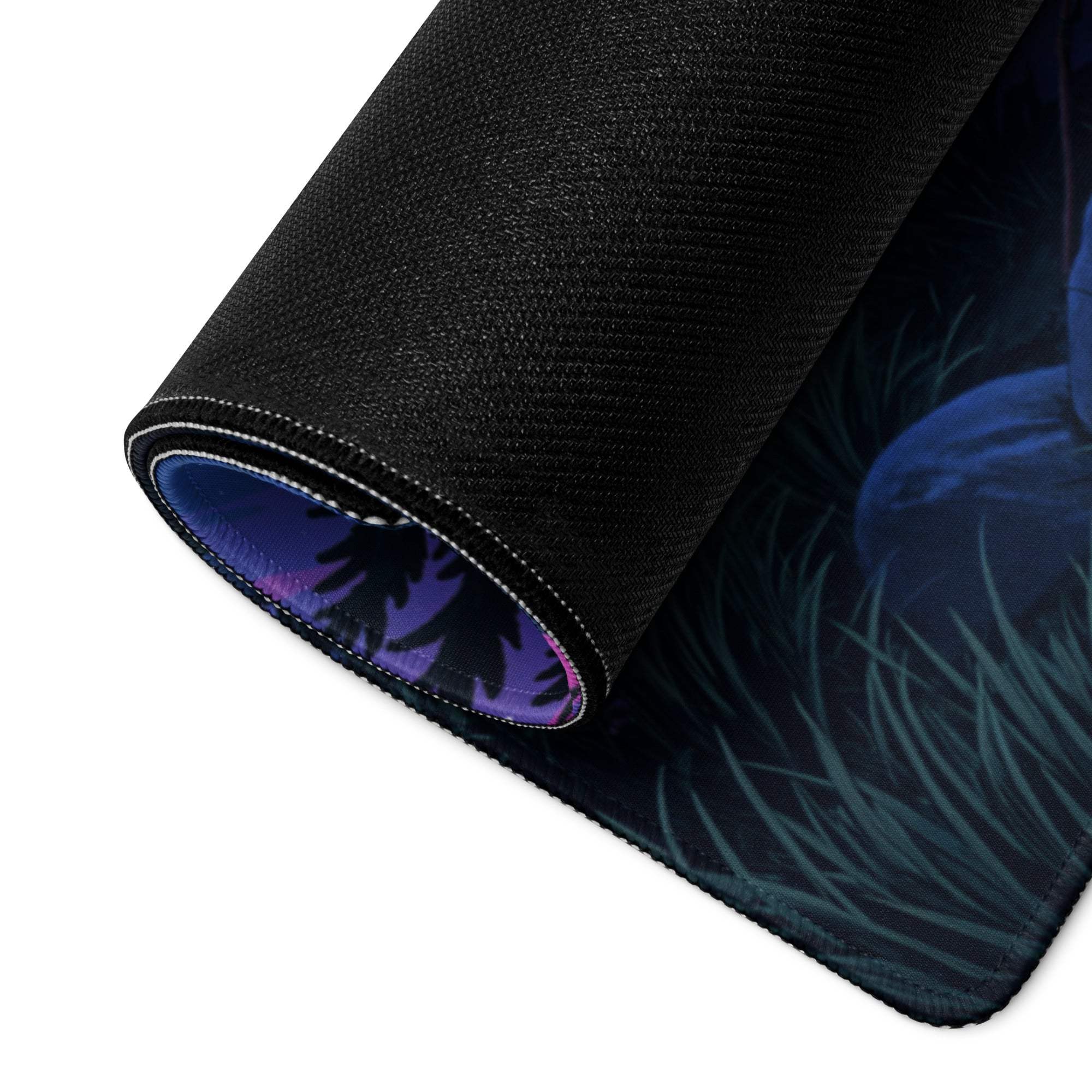 Black textured gaming mousepad with epic night camping scene, moonlit tent, purple twilight, trees, glowing orbs