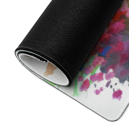 Rolled-up Vibrant Watercolor Cottage Garden gaming mouse pad with non-slip black back