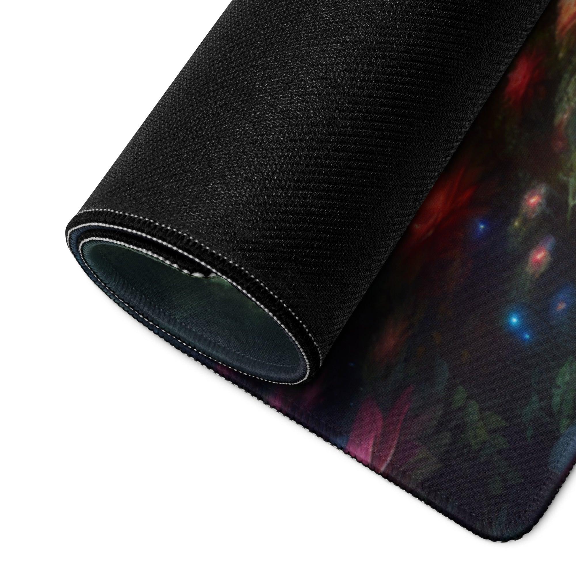 Black textured cosmic gaming mousepad with glowing red blue lights, non-slip base