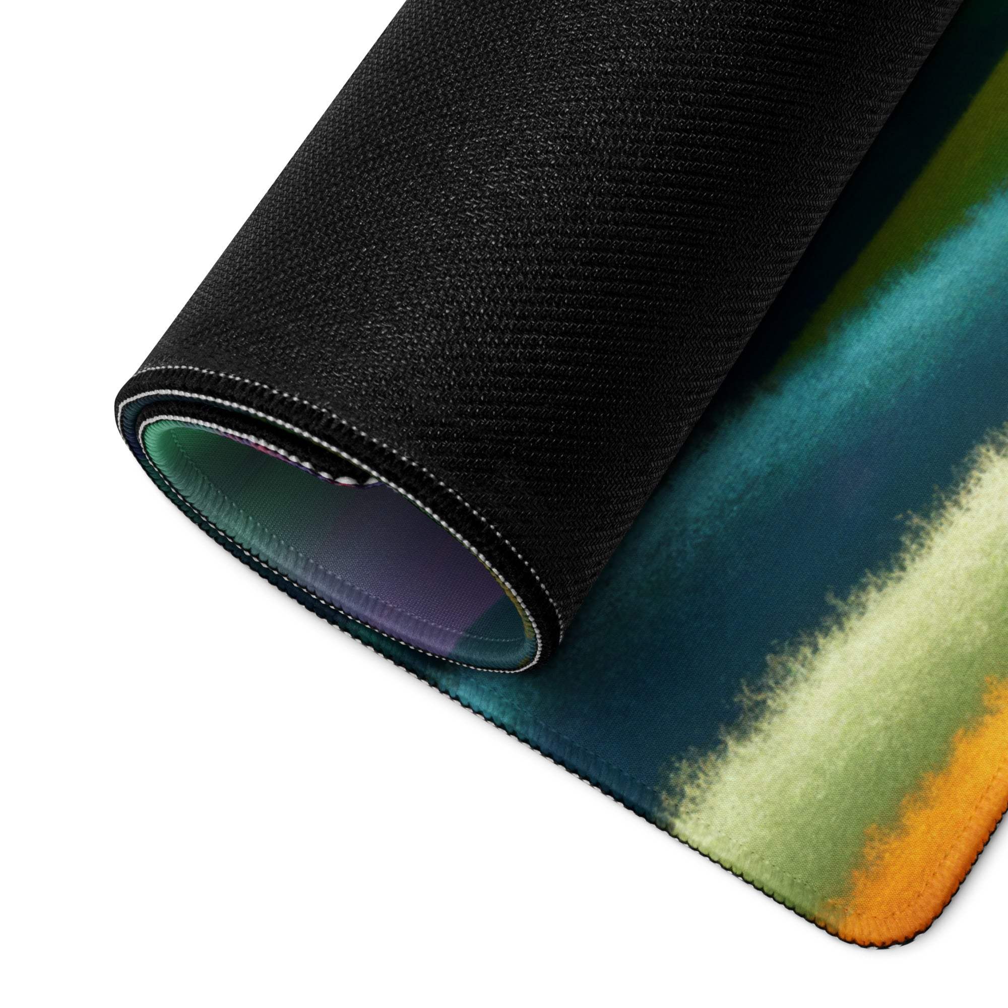 Rolled-up vibrant rainbow landscape gaming mouse pad in teal, green, orange gradient