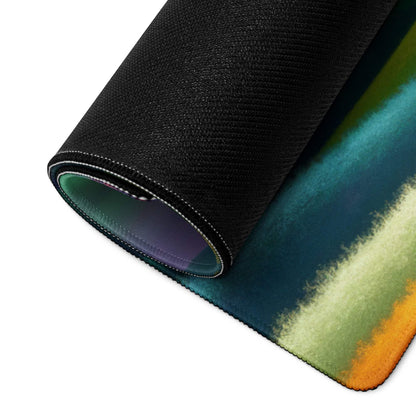 Rolled-up vibrant rainbow landscape gaming mouse pad in teal, green, orange gradient