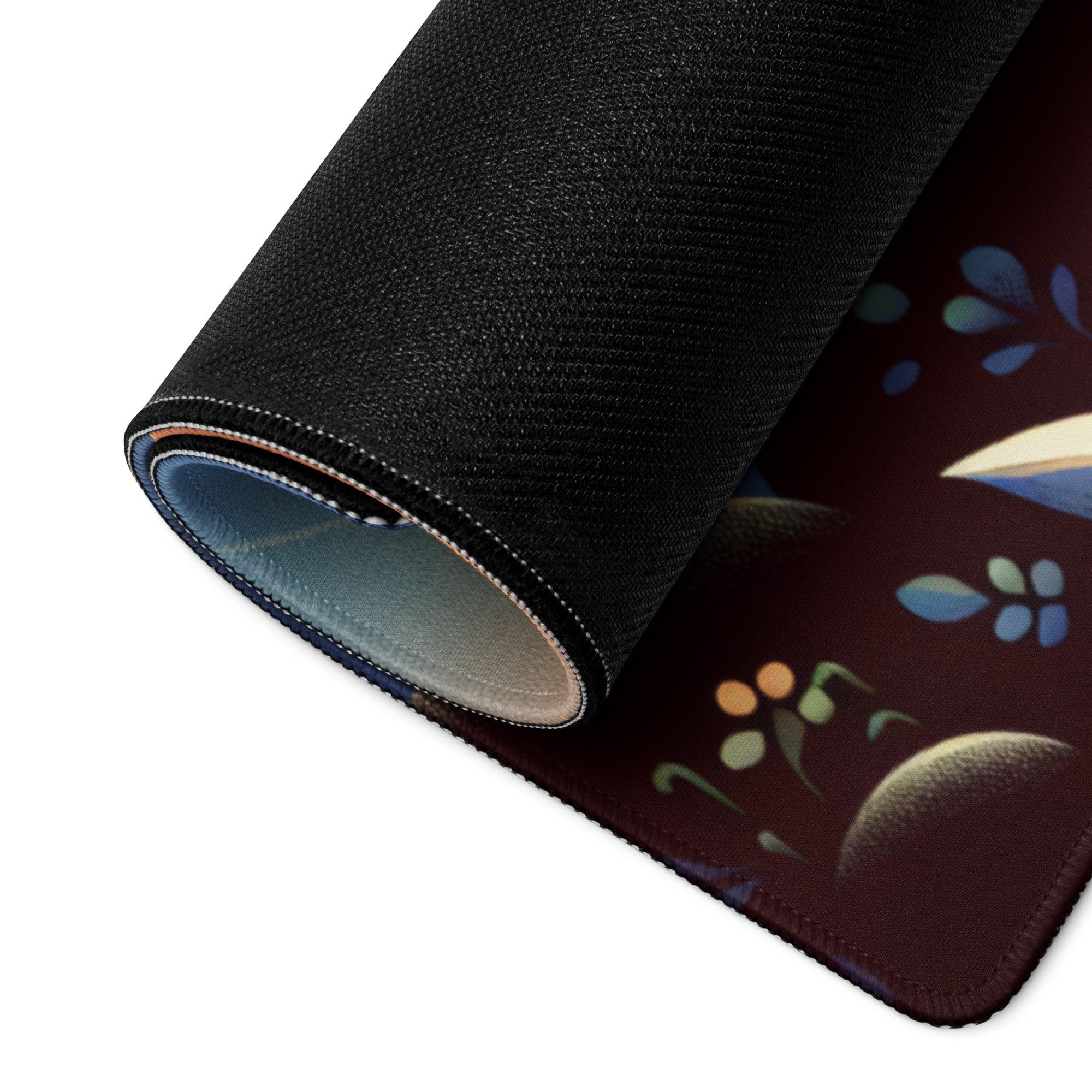 Rolled-up black Whimsical Sunset Guitarist mousepad with maroon floral surface