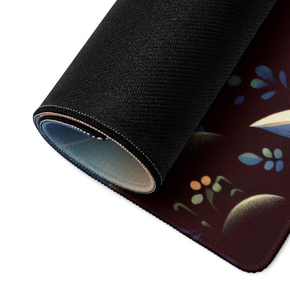 Rolled-up black Whimsical Sunset Guitarist mousepad with maroon floral surface