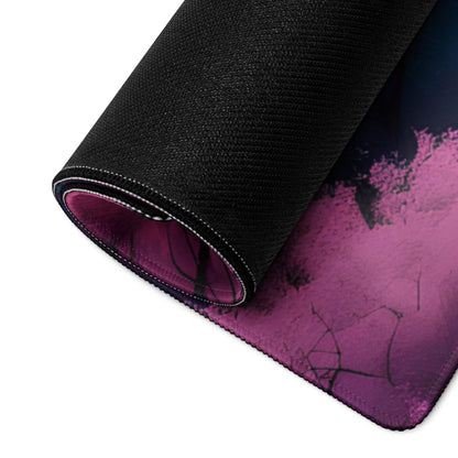 Rolled-up Fantasy Nightscape black gaming mousepad with purple-blue gradient cracks