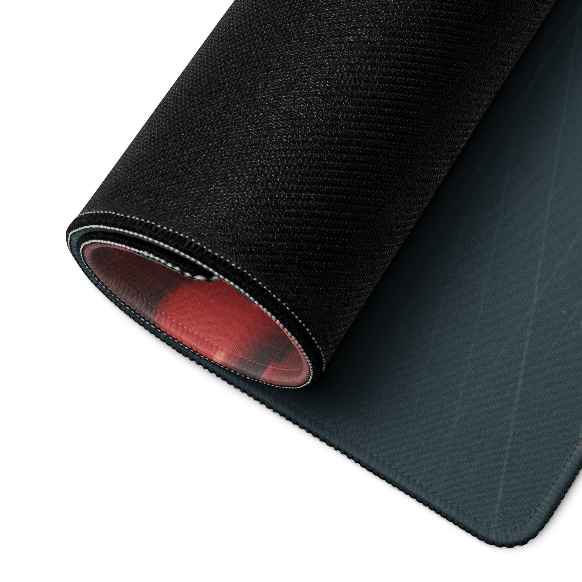 Black textured Cyberpunk Mount Fuji mousepad with red lining and stitched edges