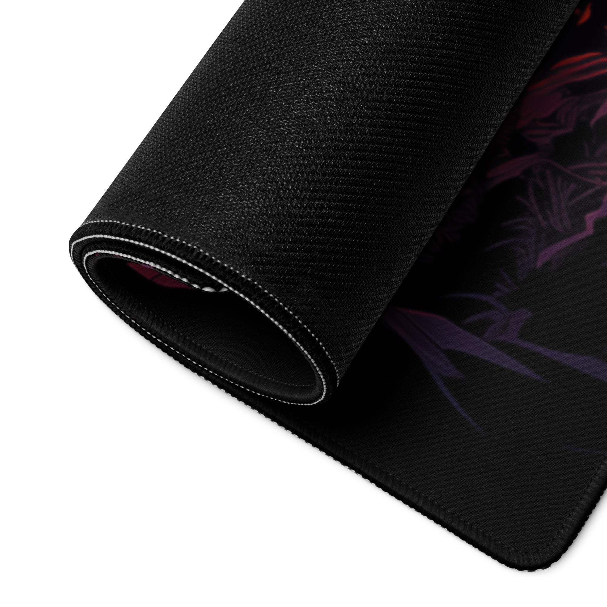 Black textured gaming mousepad with rolled edge, purple red anime sunset design, non-slip backing