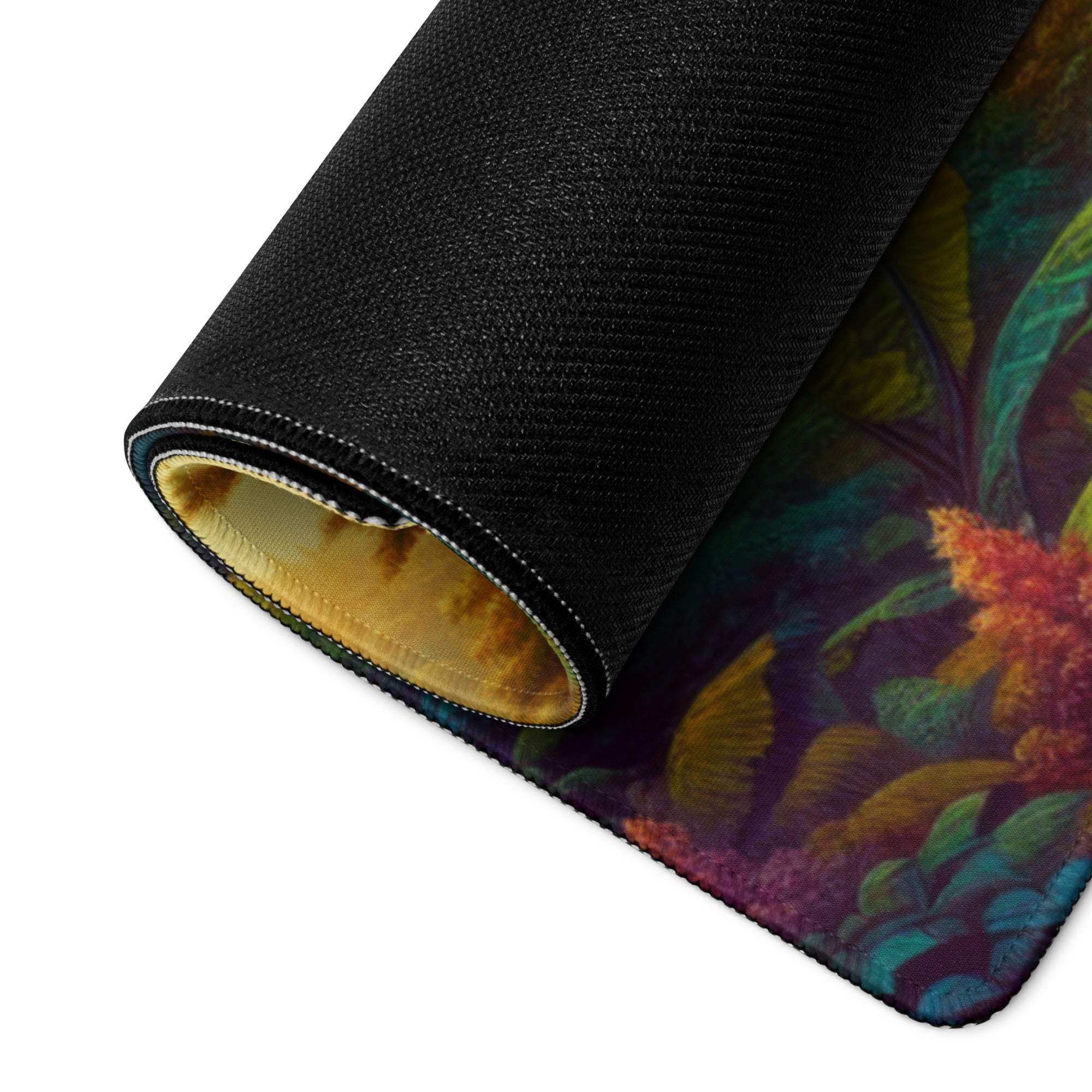 Rolled-up Epic Forest Landscape gaming mouse pad with tropical plants