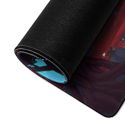 Black gaming mousepad with rolled edge, anime fantasy landscape in reds and blues