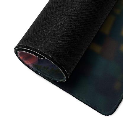 Black textured gaming mousepad back with green gold abstract design stitching
