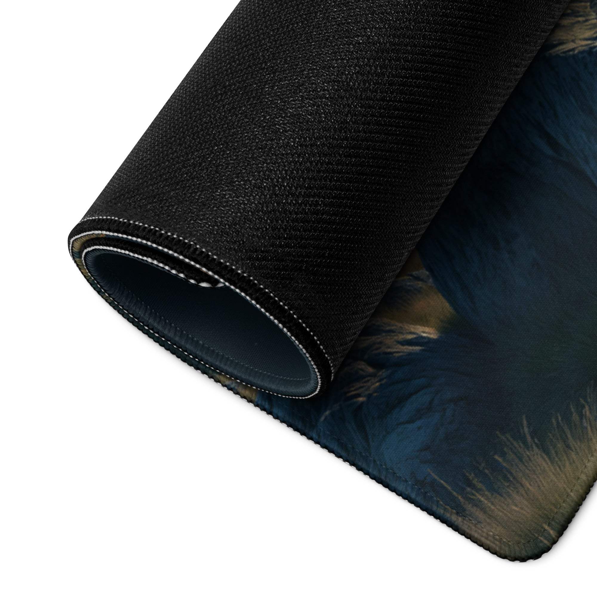 Epic sci-fi mountain landscape gaming mouse pad with black textured rolled edge