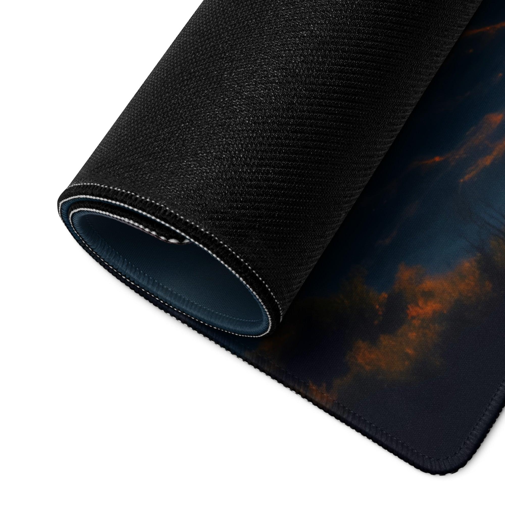 Epic yin yang cosmic night blue orange glow gaming mousepad with sky clouds