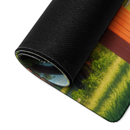 Black textured Pastoral Village mousepad with rolled edge landscape design